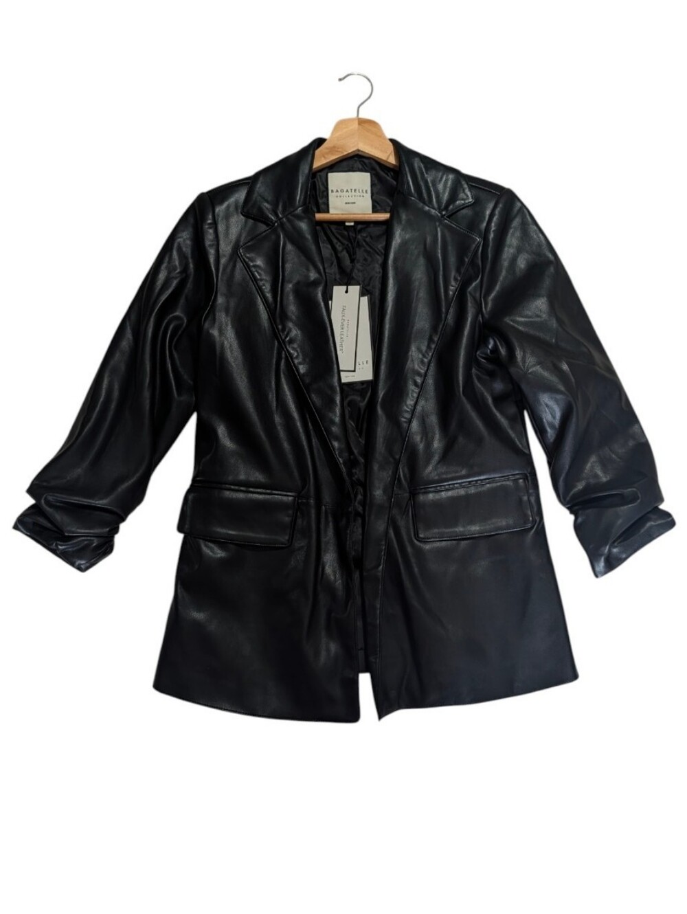 Bagatelle Collection Black Faux-Ever Leather Open Front Blazer Size Small
